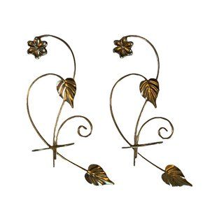 Set of Vintage Floral Leaves Swirl Wall Hanging Decor Gold Brass Holder Sconce